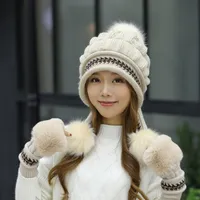 Wollmütze Handgestrickt Sherpa Mütze Gefüttert Ohrenklappen Mütze Warm Winter Bommelmütze Strickmütze (Beige)