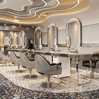 360Home Frisiertisch mit LED Spiegel Stylingstation Bedienplatz Friseursalon Schrank mit Schubladen Frisierplatz mit Edelstahlrahmen Silber F-6-Sitzer