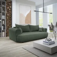 3 Sitzer Sofa ANTONIO BARON - 240x110x78cm, Schlaffunktion mit Bettkasten, Garniutur in Bouclé-Stoff - Dunkelgrün