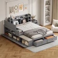 Flieks Holzbett Klassisches Bett 140x200cm mit Staufächern, Doppelbett Jugendbett mit 2 Schubladen, Stauraumbett mit Sitzbank und Nachttisch, Grau