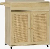 sweeek - Küchenwagen Holz-Optik und Rohrgeflecht, 1 Griff, 1 Schublade, 2 Türen - Natur