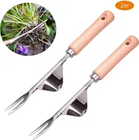 2 Stücke Edelstahl Unkrautstecher mit Holzgriff, Rasenwurzelentferner Werkzeug, 32cm