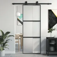 Drzwi przesuwne czarne 76x205 cm szkło hartowane i aluminium