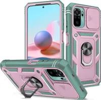 Redmi Note 10 Pro Hülle, Schiebe Kamera Schutz Robust Stoßfest Schutzhülle mit Ringhalterung Ständer Kartenhalter für Xiaomi Redmi Note 10 Pro/Note 10 Pro Max Pink