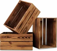 3x drevená krabica PINEEA malá 30x20x15 - flambovaná vintage krabica na víno, dekoratívna a ovocná krabica z dreva