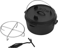 BBQ#BOSS Dutch Oven Set BBQ, 4,2 Liter, Schwarz, Eingebrannter Feuertopf aus Gusseisen, Kochtopf mit Deckelheber und Edelstahluntersetzer, Schmortopf mit Schlitz für Themormeter, Grilltopf für Outdoor & Indoor