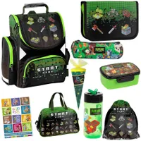 Ranzen Minecraft Game Pixel ergonomischer Schulranzen Federmappe Zuckertüte Turnbeutel Sporttasche Brotdose Trinkflasche Aufgabenheft für die Grundschule 9er Set