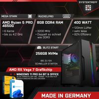 SYSTEMTREFF Gaming Komplett Set - Ryzen 5 4650G - AMD RX Vega - 7Core 4GB - 8GB 3 - 256GB M.2 NVMe +  - 24 Zoll TFT - Windows 11 Pro - Desktop PC