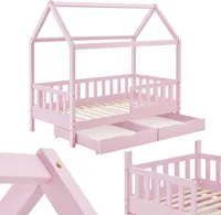 Juskys Kinderbett Marli 90 x 200 cm mit Matratze, Bettkasten, Lattenrost & Dach - Holz Rosa