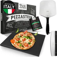 Pizza Divertimento [DAS ORIGINAL] - Pizzastein für Backofen und Gasgrill [3er Set] - Mit Pizzaschieber & Pizzaschneider