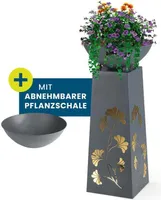 Hoberg LED Pflanzsäule Ginkgoblätter-Design Betonoptik Pflanzschale Abnehmbar (Ø 34cm) In/Outdoor Integrierte Beleuchtung kabellos 23 x 23 x 70 cm