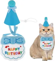 Geburtstagsmütze Schal-Set für kleine Hunde und Katzen, niedliches Haustier Geburtstags Bandana Partyzubehör Welpen Happy Birthday Dekorationen Besticktes für Mädchen Jungen Kätzchen(blau)
