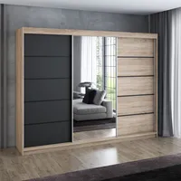 Schwebetürenschrank, 3-türig Schrank 200 cm mit 4 Schubladen, und Spiegel, Retrostil  Premum! Moderne Garderobe für Kleidung. Verschiedene Farben (Weiß, Schwarz, Somona) Kleiderschrank VILI 2
