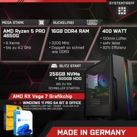 SYSTEMTREFF Gaming Komplett PC - Ryzen 5 4650G - AMD RX Vega - 7Core 4GB - 16GB  - 256GB M.2 NVMe + 500GB HDD  - 24 Zoll TFT - Desktop