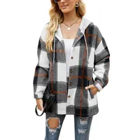 ASKSA Damen Karierte Kapuzen Warm Hemdjacke mit Kapuze Langarm Knöpfen Mantel Jacken, Schwarz, M