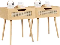 2Er Set Nachttisch Rattan Beistelltisch Mit Schublade Nachtkommode Holzbeine Sofatisch Nachtkommode Für Schlafzimmer/Wohnzimmer, Hellbraun – Hellbraun / Land Rustikal