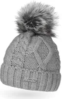 gefütterte Damen Strickmütze Fell-Bommel Fleece-Futter Kunstfell Winter-Mütze Bommelmütze Neverless® Hellgrau unisize