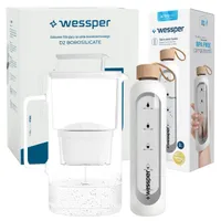Wessper Set: AquaMax Crystalline 3L Glaskrug mit Filter + ActiveMax Crystalline 1L Glas-Incentiveflasche mit Silikonhülle weiß
