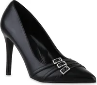 VAN HILL Damen Spitze Pumps Stiletto Absatzschuhe Schnallen Strass Schuhe 841483, Farbe: Schwarz, Größe: 38