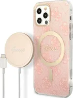 Guess Bundle Pack MagSafe 4G - Hüllenset für iPhone 12 / iPhone 12 Pro + MagSafe-Ladegerät (Rosa/Gold)