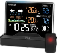 Bezdrôtová meteorologická stanica s budíkom a farebným displejom, vonkajší senzor, alarm s plesňou, vlhkomer, barometer, dátum, fáza mesiaca, alarm proti mrazu, čierna Retoo