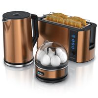 Arendo - Wasserkocher mit Toaster und Eierkocher SET Edelstahl Kupfer Wasserkocher 1,5L 40° - 100°C, Toaster 4 Scheiben LED-Display 6 Bräunungsgrade Eierkocher 1-7 Eier Messbecher BPA frei