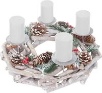 Adventskranz rund, Weihnachtsdeko Tischkranz, Holz Ø 35cm weiß-grau  mit Kerzen, weiß
