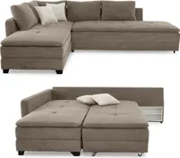 Federkern Ecksofa Doppelbett Dauerschläfer Bettkasten Couch in Cord Braun Taupe / 15162