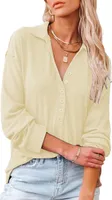 ASKSA Damen Baumwolle Blusen V-Ausschnitt Tops Langarm Einfarbig Knopf Tunika Shirts Oberteile, Aprikose, XL