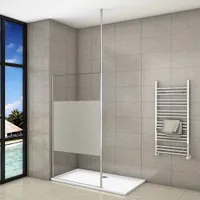 Walk in Duschwand 120x200cm Milchglasstreifen Duschabtrennung 8mm Nano ESG-Glas mit Deckenstrebe Duschkabinen
