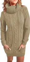 ASKSA Damen Pulloverkleid Strick Zopfmuster Rollkragen Mini Strickkleid mit Tasche, Khaki, M