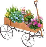 COSTWAY stojan na květiny dřevěný vozík, vozík na květiny s kovovými kolečky, stojan na květiny 62x34x60cm oranžový