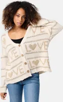 PM SELECTED Festliche Damen Strickjacke mit goldenem Love Muster Gestreift Cardigan Jacke Pullover Gestrickt PM68 Weiß Einheitsgröße 34 - 38