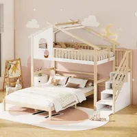 Merax Etagenbett 90x200cm/140x200cm mit Treppe und Rausfallschutz, Hochbett mit Dach und Fenster, Kinderbett Massivholz Stockbett Hausbett, Weiß/Natur