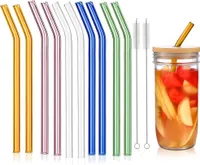 10er-Pack wiederverwendbare Glasstrohhalme, gebogene Glastrinkhalme mit 2 Reinigungsbürsten, für Smoothies, Milchshakes, Saft