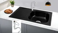 Preero-80x50x18, kuchyňský dřez černý z nerezové oceli 304, 0,8 mm, kuchyňský dřez, vestavný dřez, dřezová skříňka, hranatý, s policí, 1 mísa, dřezová skříňka
