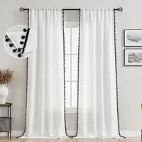 Voile Gardinen Durchsichtig mit Pompon Vorhang Transparent Leinenoptik Stores Schals für Wohnzimmer Schlafzimmer Kinderzimmer, Schwarz, 132x213cm