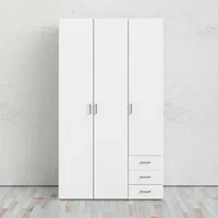 Kleiderschrank mit drei TÃ1/4ren und drei Schubladen, Farbe Weiß, Maße 115 x 200 x 49 cm