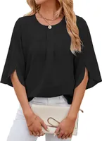 ASKSA Damen Bluse 3/4 aermel Plissee Rundhals Chiffon Sommer Shirts Oberteile Lose Flowy Tops, Schwarz, Groesse: XXL