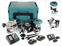 Makita DRT 50 RAJ X2 akumulatorowa frezarka wielofunkcyjna 18 V bezszczotkowa + 2x akumulator 2.0 + ładowarka + moduły frezarki + Makpac