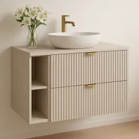 WENA Waschtischunterschrank 100 cm, geriffelte Fronten, Griffe aus Metall in der Farbe Gold (Farbe: Kaschmir)