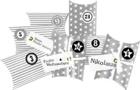 Adventskalender Christkind: Set 182, Kissenschachteln 15 x 11 x 4,5 cm grau Sterne und Streifen, Ziffern grau