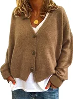 ASKSA Damen Strickpulli Lose Lässige Strickjacken V-Ausschnitt Einfarbig Knopf Strickjacke Pullover, Khaki, M