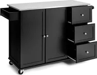 KOMFOTTEU Bewegliche Kücheninsel mit Edelstahl Arbeitsplatte, Küchenwagen mit 3 Schubladen & Handtuchhalter & Verstellbarer Ablage, Küchenschrank auf Rollen, Küchentrolley 135x45,5x91,5cm (Schwarz)