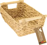 HMF Aufbewahrungskorb mit Holzgriffen, Korb geflochten aus Wasserhyazinthe | lang und bauchig | 32 x 22 x 12 cm