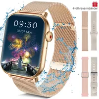 Smartwatch Damen Herren,1.96 "HD Fitness Tracker Uhr für Android iOS,IP67 Pulsmesser Schrittzähler Aktivitätstracker Schlafmonitor,4 Armbänder-Gold
