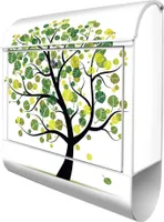 banjado Design Briefkasten Stahl weiß mit Zeitungsfach pulverbeschichtet "Laubzauberbaum" 38x46x12,5cm & 2 Schlüssel - Postkasten A4 Einwurf inkl. Montagematerial [BKW 10347]