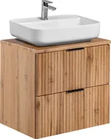 Badmöbel Waschtisch Unterschrank 60 cm Set Wotaneiche gerillt, 50 cm Keramik-Waschbecken, 2 Softclose-Schubkästen, B/H/T 60,6/73,2/46,5 cm