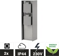 Grafner Edelstahl Design Gartensteckdose mit 2 Steckdosen, IP44, eckig, KEIN ROST – Klarlack-Beschichtung, klein und schmal, Energiesäule Mehrfach Metall Außen Steckdose 2-fach silber poliert