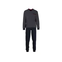 GÖTZBURG Herren Schlafanzug lang - Pyjama V-Ausschnitt, Pure Baumwolle Marine M (50)